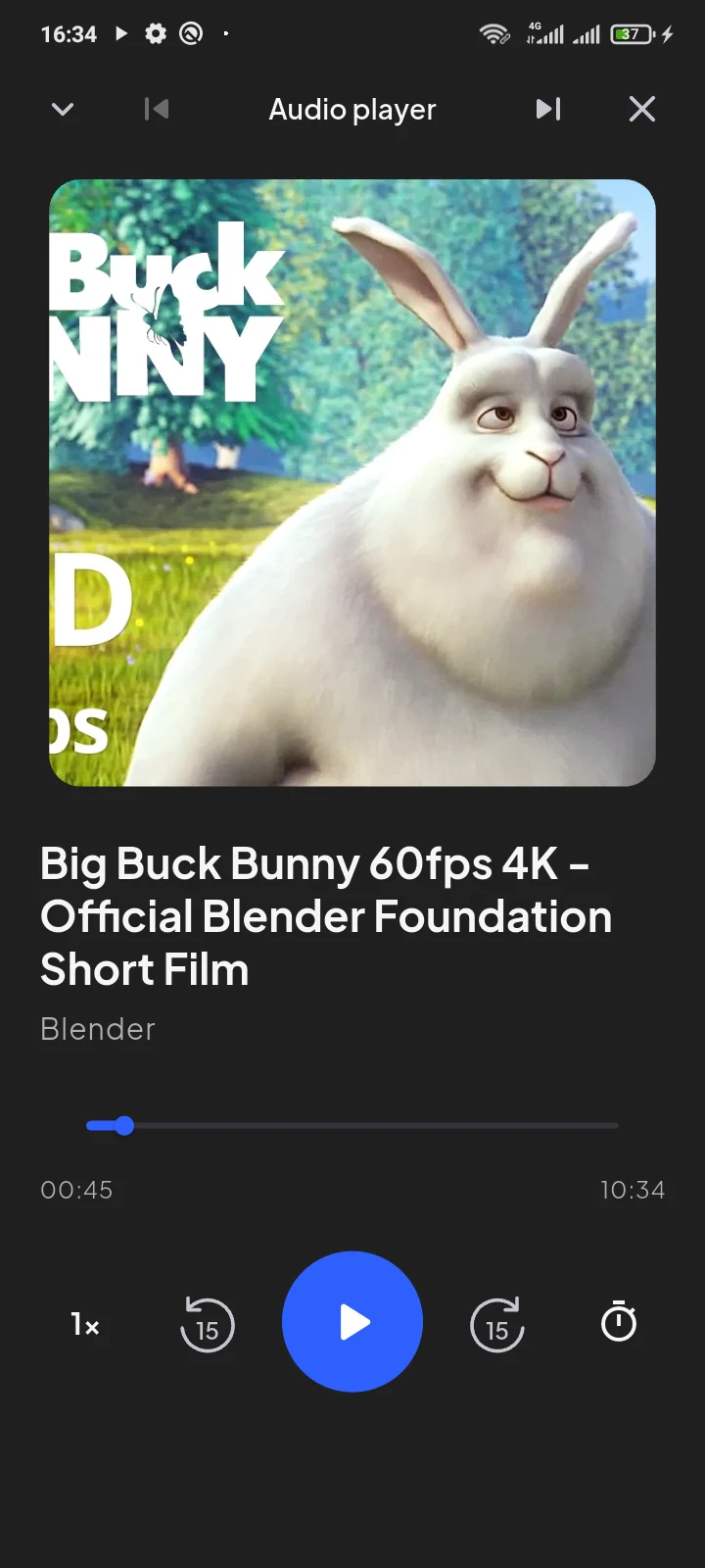 SaveVo Android's Audio player showing the title, creator, progress bar and play control for a completed local file
